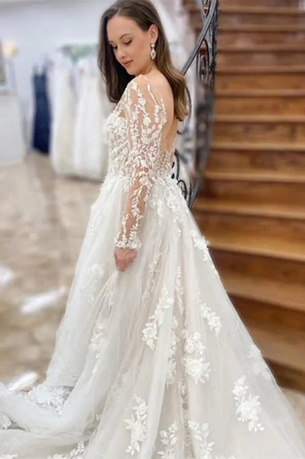 Roycebridal Beautiful Tulle A-line Long Sleeves Wedding Dresses With Lace Appliques, MW823