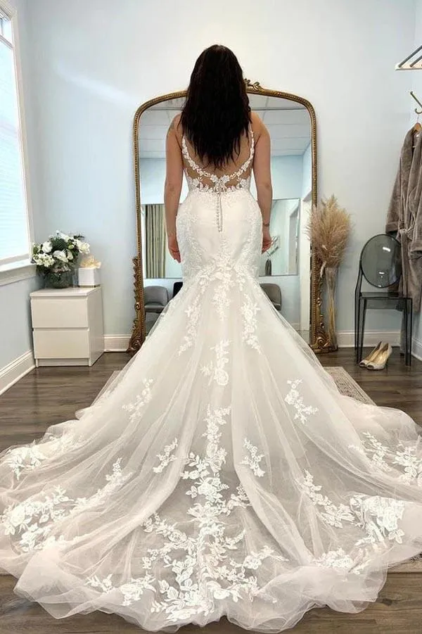 Roycebridal Beautiful Tulle Mermaid V-neck Lace Appliques Wedding Dresses, Bridal Gowns, MW887