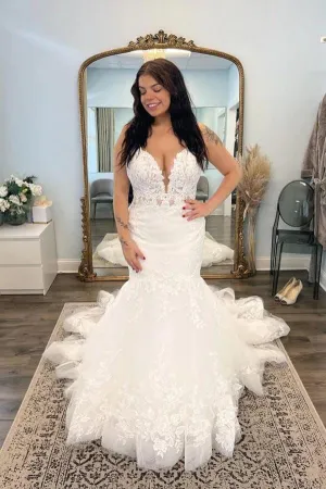Roycebridal Beautiful Tulle Mermaid V-neck Lace Appliques Wedding Dresses, Bridal Gowns, MW887