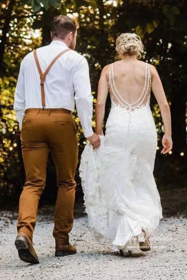 Roycebridal Beautiful Tulle Mermaid V-neck Lace Wedding Dresses, Wedding Gown, MW941