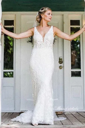 Roycebridal Beautiful Tulle Mermaid V-neck Lace Wedding Dresses, Wedding Gown, MW941