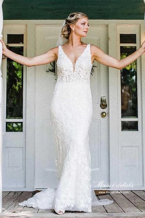 Roycebridal Beautiful Tulle Mermaid V-neck Lace Wedding Dresses, Wedding Gown, MW941