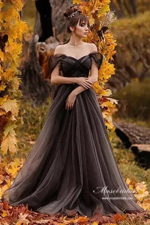 Roycebridal Black A-line Off Shoulder Simple Wedding Dresses With Sweep Train, MW960