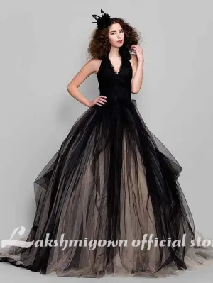 Roycebridal Black Ball Gown Party Wedding Dress V Neck Sleeveless