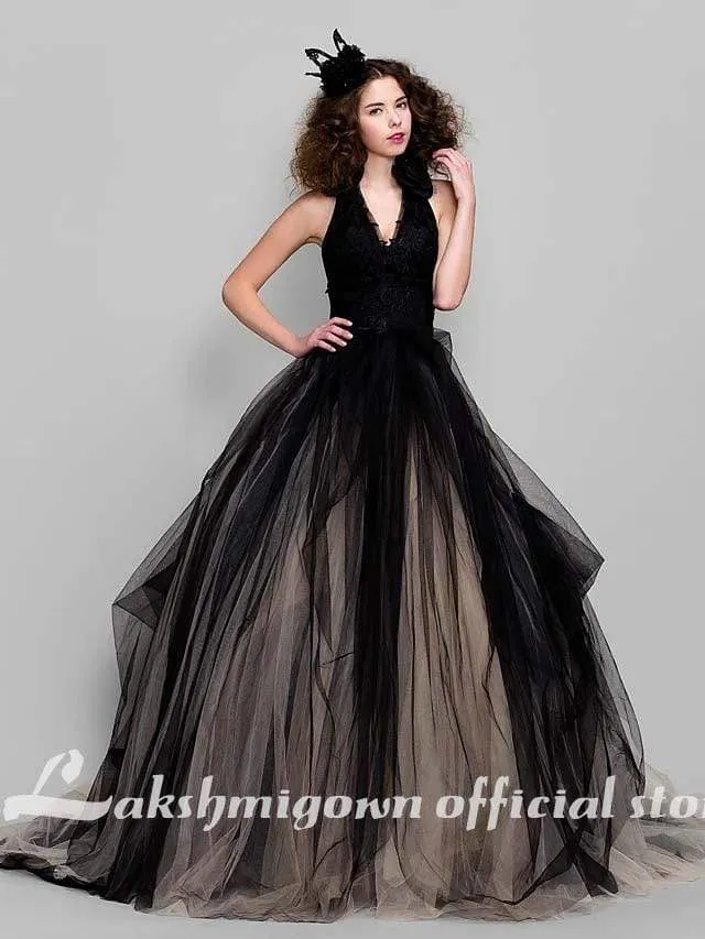 Roycebridal Black Ball Gown Party Wedding Dress V Neck Sleeveless