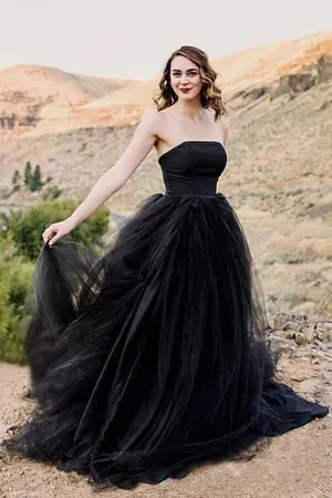 Roycebridal Black Tulle A-line Strapless Wedding Dresses With Train, Bridal Gown, MW996
