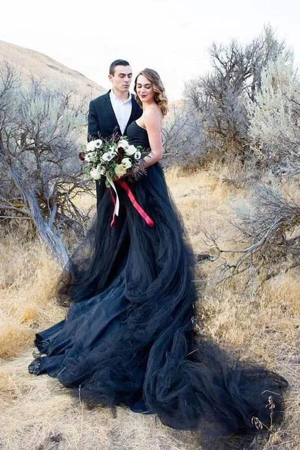 Roycebridal Black Tulle A-line Strapless Wedding Dresses With Train, Bridal Gown, MW996