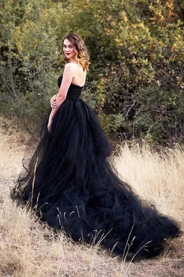 Roycebridal Black Tulle A-line Strapless Wedding Dresses With Train, Bridal Gown, MW996