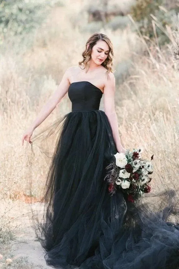 Roycebridal Black Tulle A-line Strapless Wedding Dresses With Train, Bridal Gown, MW996