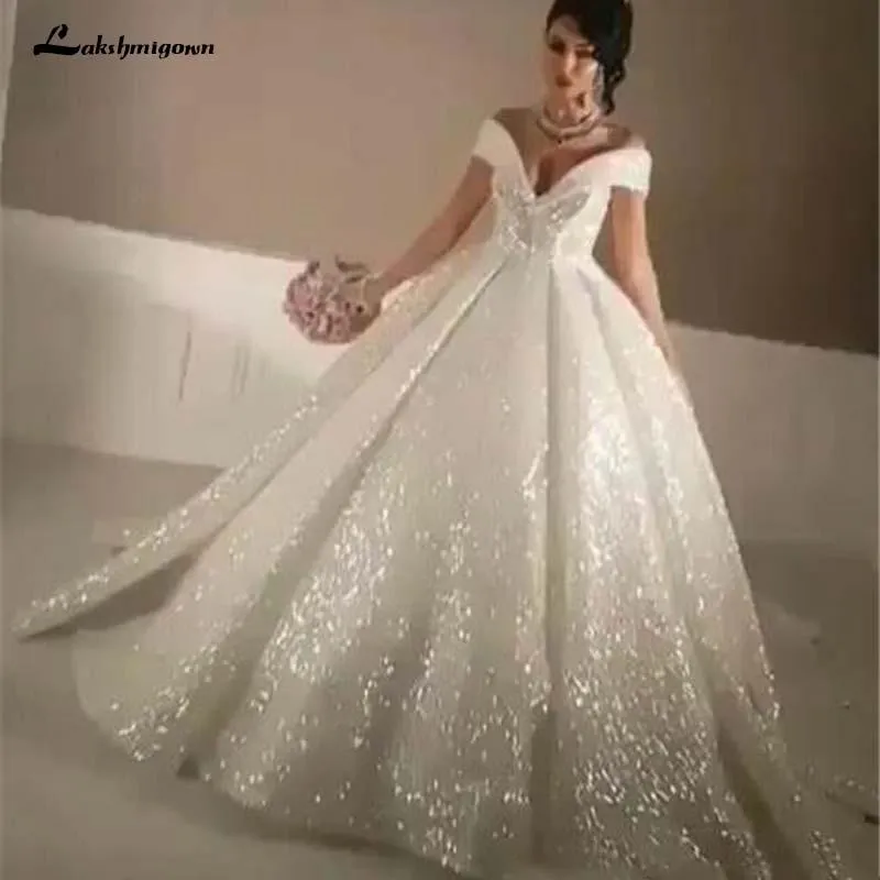 Roycebridal Bling Ball Gown Wedding Dresses Off Shoulder Sequined Lace
