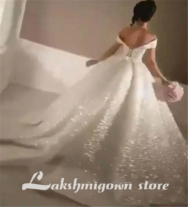 Roycebridal Bling Ball Gown Wedding Dresses Off Shoulder Sequined Lace
