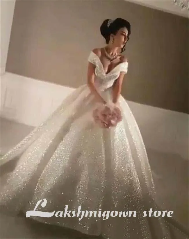 Roycebridal Bling Ball Gown Wedding Dresses Off Shoulder Sequined Lace