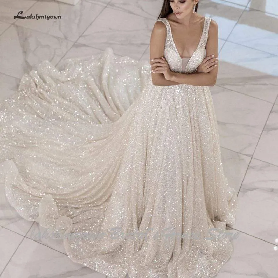 Roycebridal Bling Bling Open Back A Line Wedding Dress