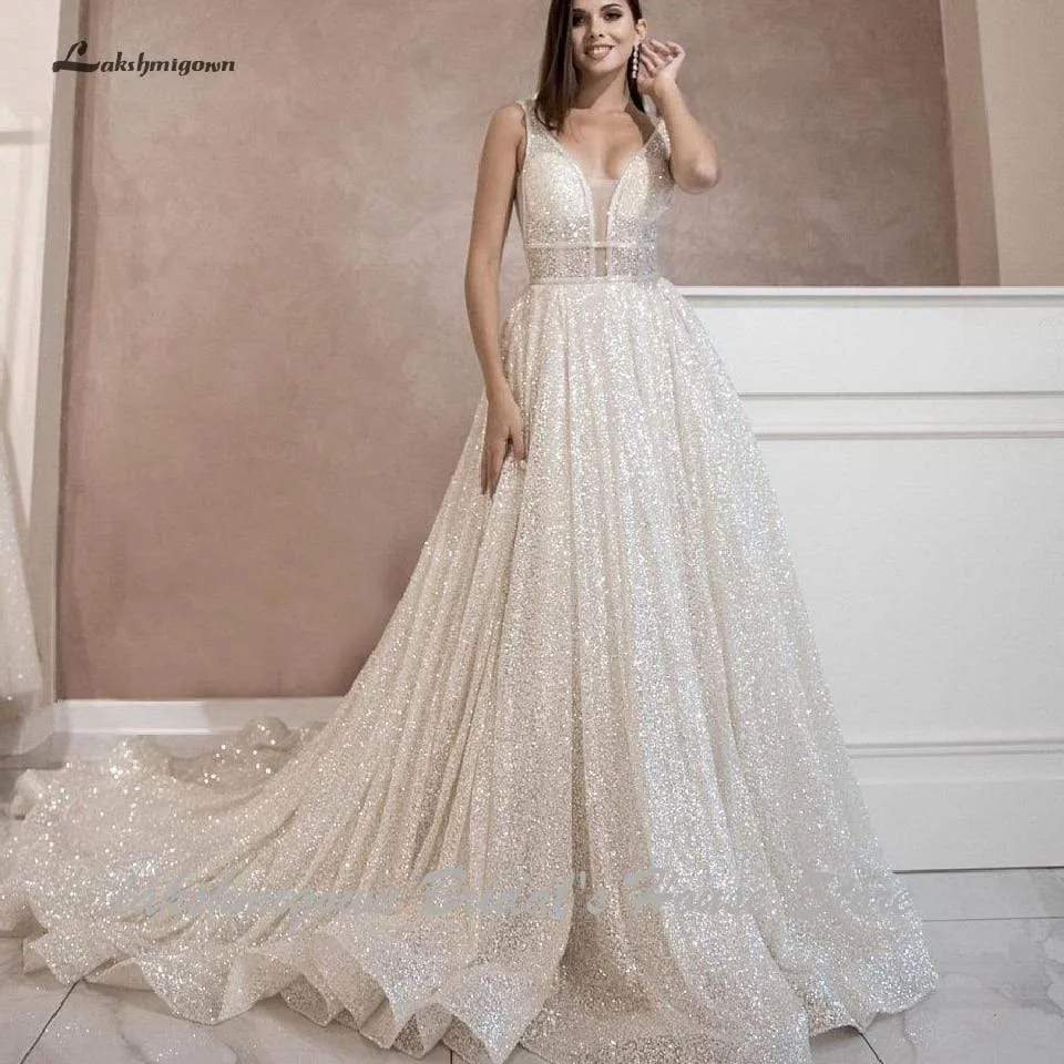Roycebridal Bling Bling Open Back A Line Wedding Dress