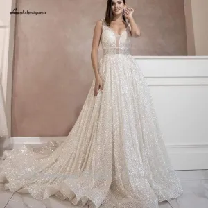Roycebridal Bling Bling Open Back A Line Wedding Dress