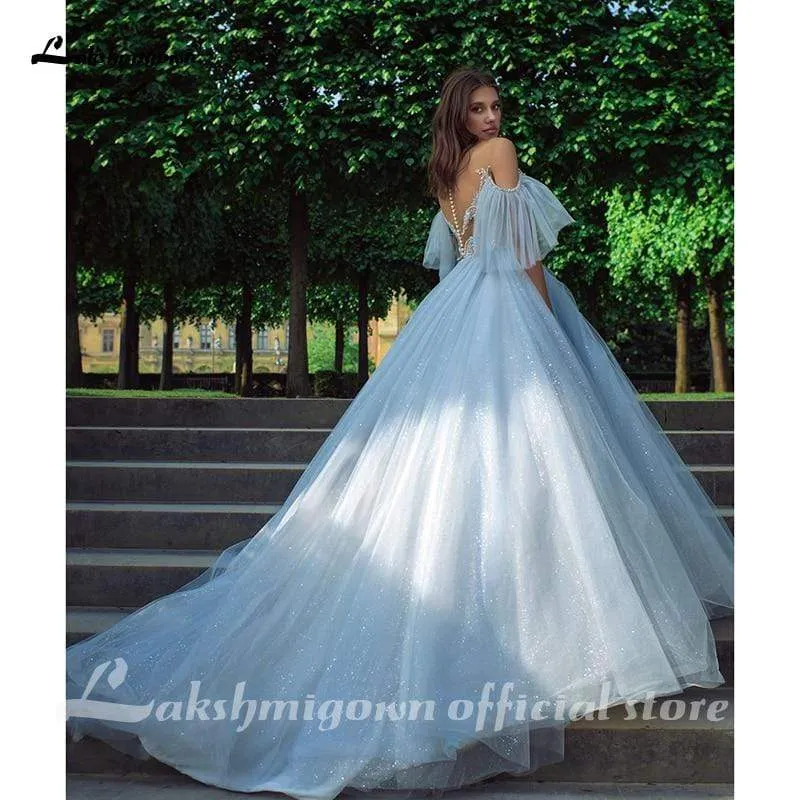 Roycebridal Blue Lace Bride Dress Short Sleeves A-line Romantic Wedding Dress