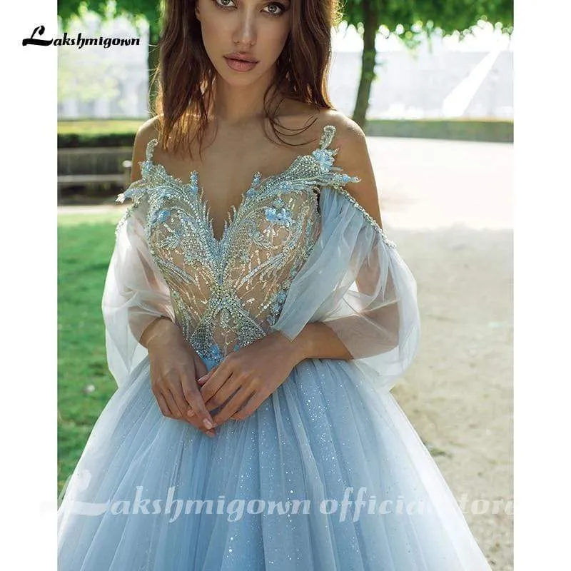 Roycebridal Blue Lace Bride Dress Short Sleeves A-line Romantic Wedding Dress
