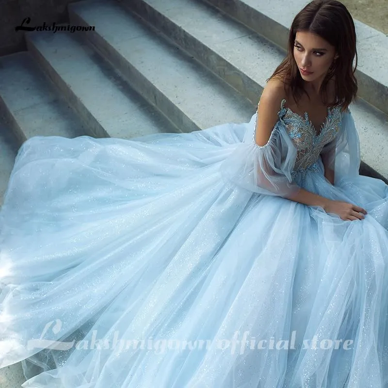 Roycebridal Blue Lace Bride Dress Short Sleeves A-line Romantic Wedding Dress