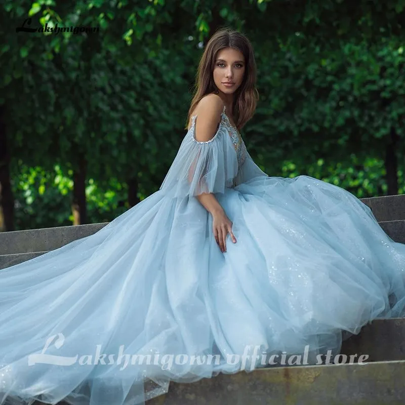 Roycebridal Blue Lace Bride Dress Short Sleeves A-line Romantic Wedding Dress