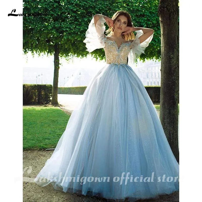 Roycebridal Blue Lace Bride Dress Short Sleeves A-line Romantic Wedding Dress