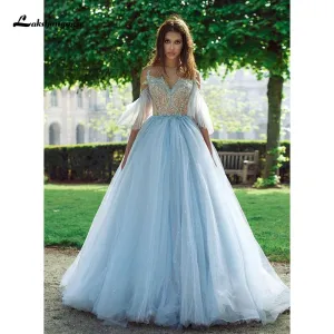 Roycebridal Blue Lace Bride Dress Short Sleeves A-line Romantic Wedding Dress