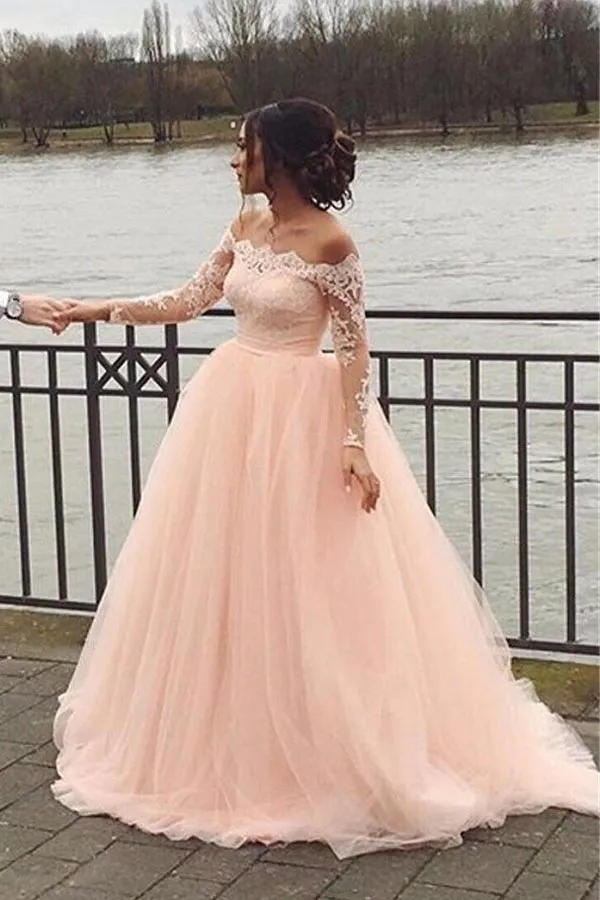 Roycebridal Blush Pink A-line Off Shoulder Long Sleeves Wedding Dress, Bridal Gown, MW959