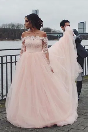 Roycebridal Blush Pink A-line Off Shoulder Long Sleeves Wedding Dress, Bridal Gown, MW959