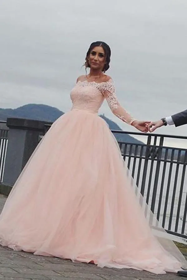 Roycebridal Blush Pink A-line Off Shoulder Long Sleeves Wedding Dress, Bridal Gown, MW959