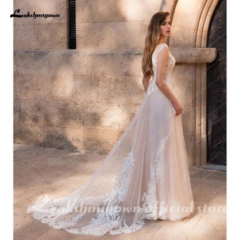Roycebridal Blush Pink Wedding Dress Beach Floor Length lace appliques