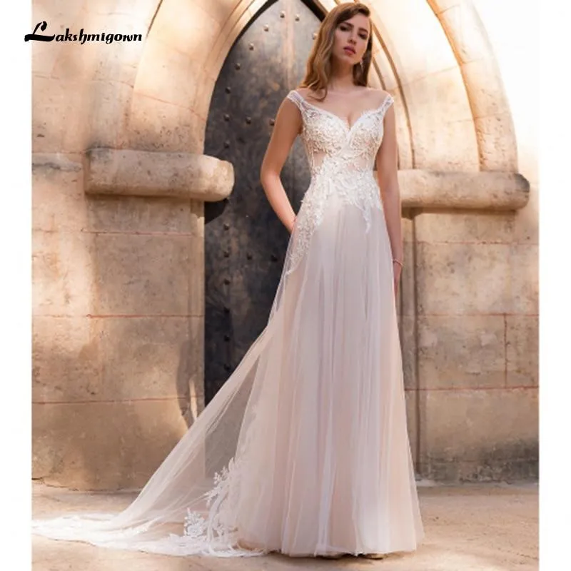 Roycebridal Blush Pink Wedding Dress Beach Floor Length lace appliques