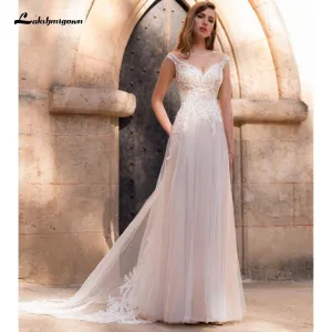 Roycebridal Blush Pink Wedding Dress Beach Floor Length lace appliques