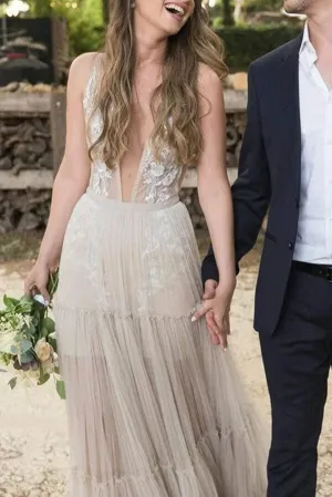 Roycebridal Bohemain Tulle Wedding Dress, A-line V-neck Appliqued Bridal Gown, MW635
