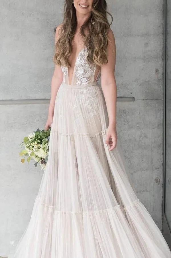 Roycebridal Bohemain Tulle Wedding Dress, A-line V-neck Appliqued Bridal Gown, MW635