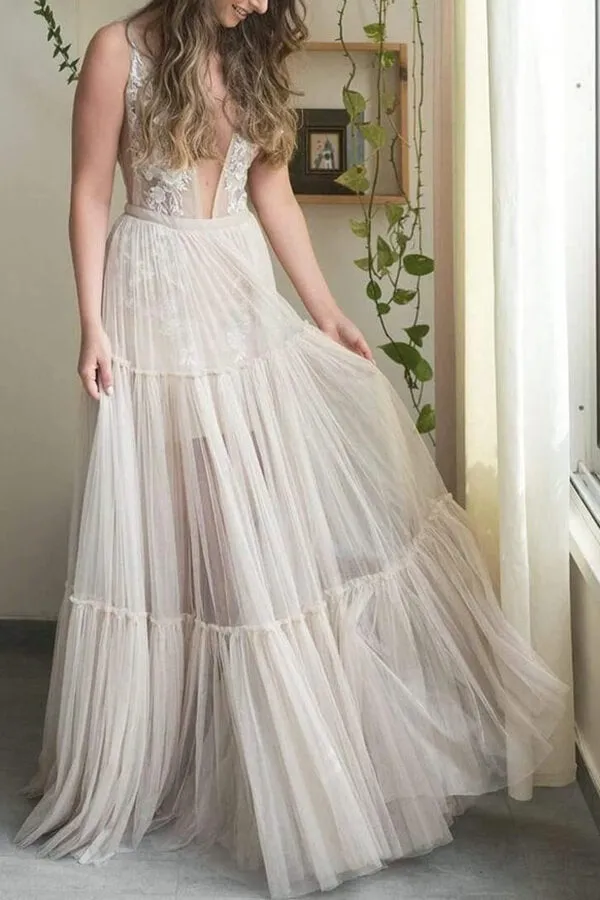 Roycebridal Bohemain Tulle Wedding Dress, A-line V-neck Appliqued Bridal Gown, MW635