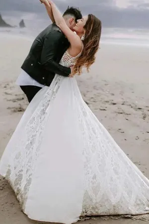 Roycebridal Bohemian A-line V-neck Lace Wedding Dresses, Beach Wedding Gowns, MW801