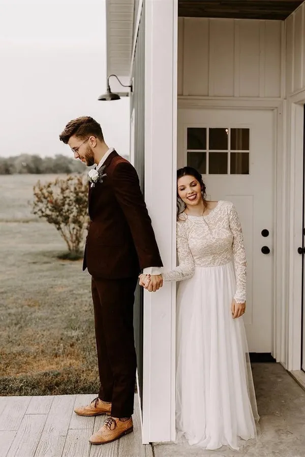 Roycebridal Boho A-Line Round Neck Long Sleeves Backless Wedding Dress with Lace,MW431