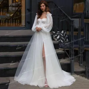 Roycebridal Boho A-Line Tulle Wedding Dresses Side Split With Detachable Puff Sleeves Sweetheart Neck Sweep/Brush Train Beach Bride Gowns