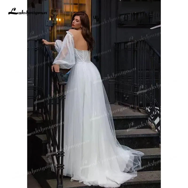 Roycebridal Boho A-Line Tulle Wedding Dresses Side Split With Detachable Puff Sleeves Sweetheart Neck Sweep/Brush Train Beach Bride Gowns