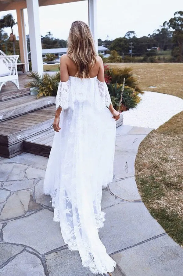 Roycebridal Boho Lace A-line Half Sleeves Off-the-Shoulder Beach Wedding Dresses, MW630