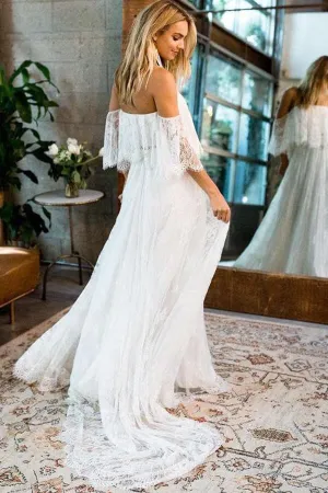 Roycebridal Boho Lace A-line Half Sleeves Off-the-Shoulder Beach Wedding Dresses, MW630