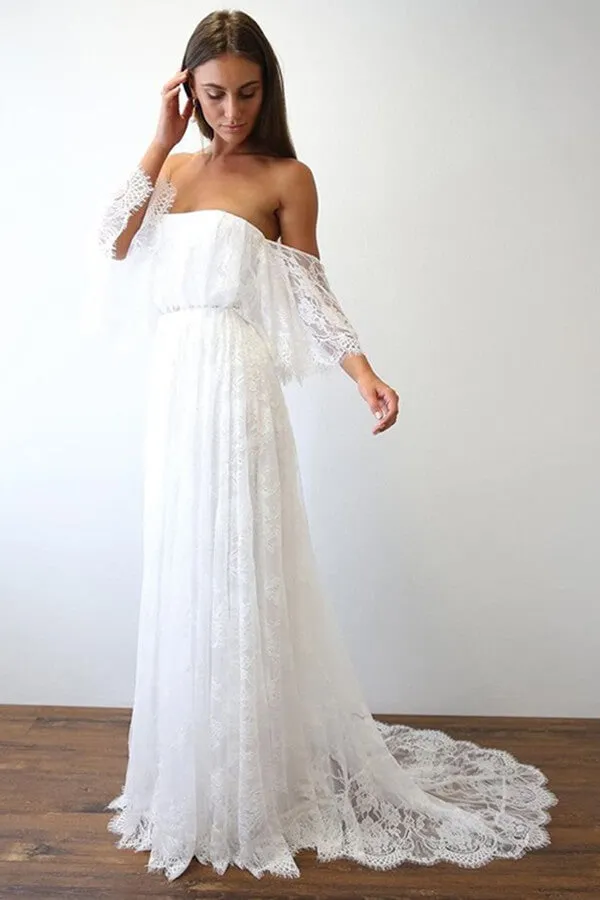 Roycebridal Boho Lace A-line Half Sleeves Off-the-Shoulder Beach Wedding Dresses, MW630