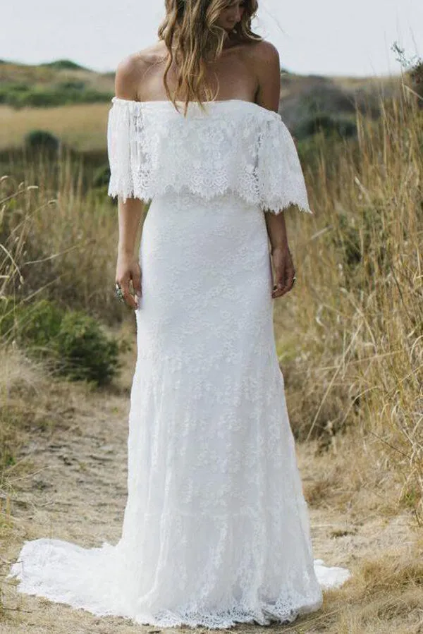 Roycebridal Boho Lace A-line Half Sleeves Off-the-Shoulder Beach Wedding Dresses, MW630