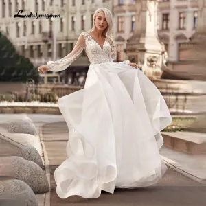 Roycebridal Boho Princess A-Line Wedding Dresses V Neck Longue Long Lantern Sleeve Robe De Soiree Simple Beach Wedding Gown Vestidos De Noiv