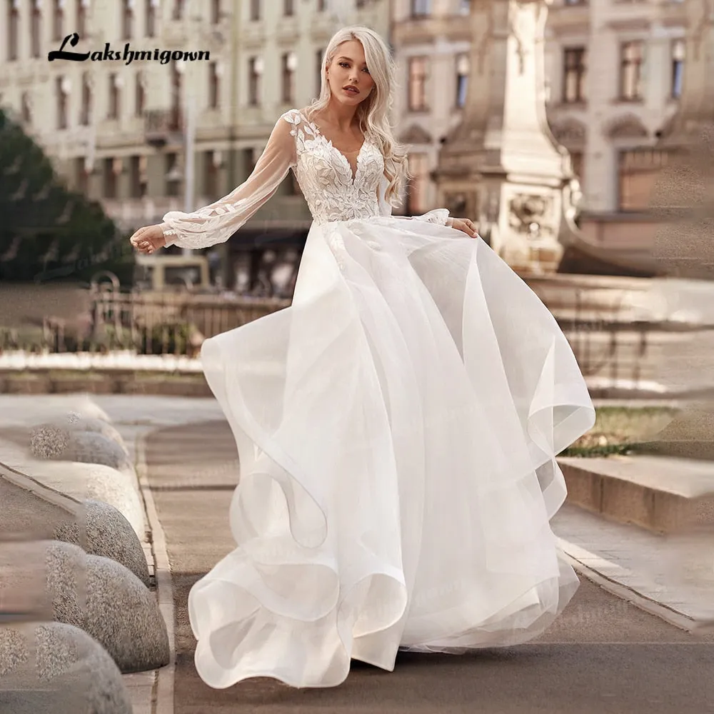 Roycebridal Boho Princess A-Line Wedding Dresses V Neck Longue Long Lantern Sleeve Robe De Soiree Simple Beach Wedding Gown Vestidos De Noiv