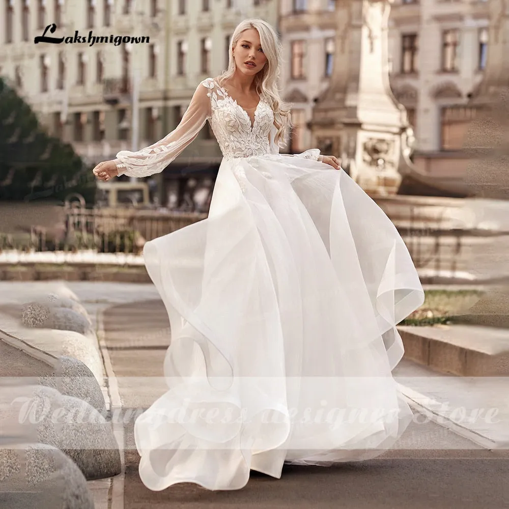 Roycebridal Boho Princess A-Line Wedding Dresses V Neck Longue Long Lantern Sleeve Robe De Soiree Simple Beach Wedding Gown Vestidos De Noiv