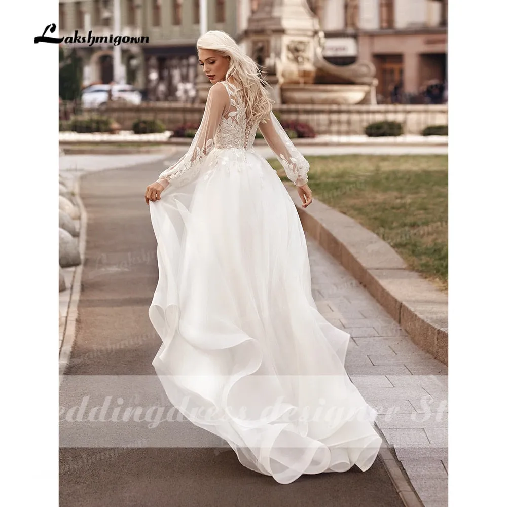 Roycebridal Boho Princess A-Line Wedding Dresses V Neck Longue Long Lantern Sleeve Robe De Soiree Simple Beach Wedding Gown Vestidos De Noiv