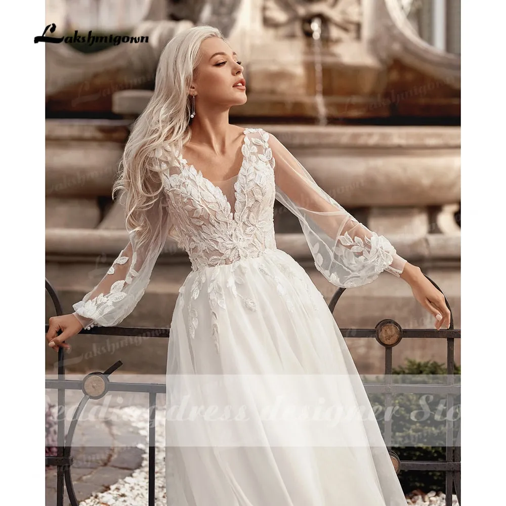 Roycebridal Boho Princess A-Line Wedding Dresses V Neck Longue Long Lantern Sleeve Robe De Soiree Simple Beach Wedding Gown Vestidos De Noiv