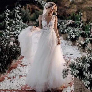 Roycebridal Boho Wedding Dress V Neck A Line Boho Bridal Gown 3D Flower