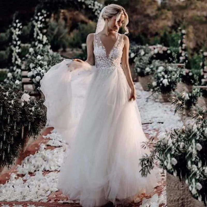 Roycebridal Boho Wedding Dress V Neck A Line Boho Bridal Gown 3D Flower