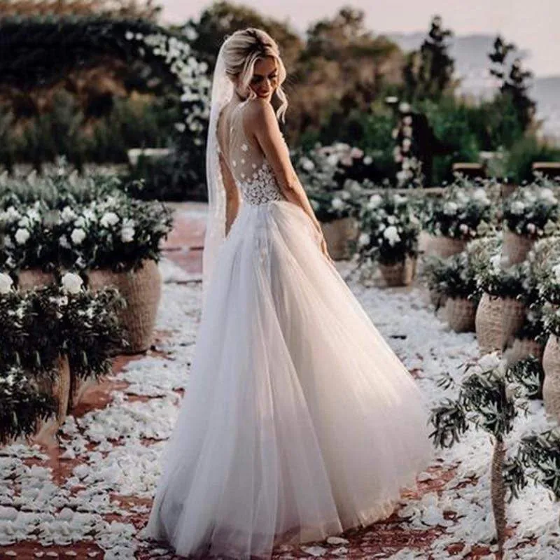 Roycebridal Boho Wedding Dress V Neck A Line Boho Bridal Gown 3D Flower